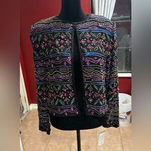 Papell Boutique Evening Beaded Silk Jacket PM Black Purple Blue Gold Sequins NWT